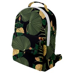 Tropical Vintage Yellow Hibiscus Floral Green Leaves Seamless Pattern Black Background  Flap Pocket Backpack (small) by Sobalvarro