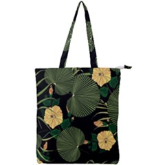 Tropical Vintage Yellow Hibiscus Floral Green Leaves Seamless Pattern Black Background  Double Zip Up Tote Bag by Sobalvarro