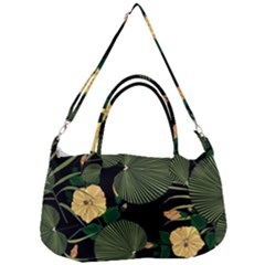 Tropical Vintage Yellow Hibiscus Floral Green Leaves Seamless Pattern Black Background  Removal Strap Handbag by Sobalvarro