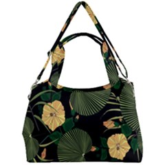 Tropical Vintage Yellow Hibiscus Floral Green Leaves Seamless Pattern Black Background  Double Compartment Shoulder Bag by Sobalvarro