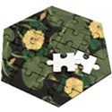 Tropical vintage yellow hibiscus floral green leaves seamless pattern black background. Wooden Puzzle Hexagon View2