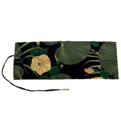 Tropical Vintage Yellow Hibiscus Floral Green Leaves Seamless Pattern Black Background  Roll Up Canvas Pencil Holder (s) by Sobalvarro