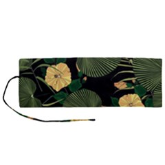 Tropical Vintage Yellow Hibiscus Floral Green Leaves Seamless Pattern Black Background  Roll Up Canvas Pencil Holder (m) by Sobalvarro