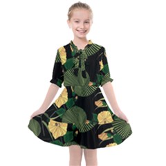 Tropical Vintage Yellow Hibiscus Floral Green Leaves Seamless Pattern Black Background  Kids  All Frills Chiffon Dress by Sobalvarro