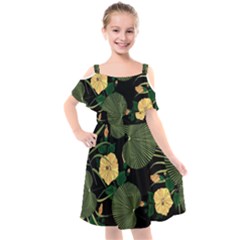 Tropical Vintage Yellow Hibiscus Floral Green Leaves Seamless Pattern Black Background  Kids  Cut Out Shoulders Chiffon Dress by Sobalvarro