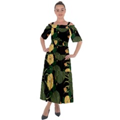 Tropical Vintage Yellow Hibiscus Floral Green Leaves Seamless Pattern Black Background  Shoulder Straps Boho Maxi Dress  by Sobalvarro