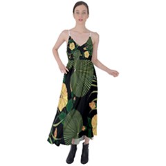 Tropical Vintage Yellow Hibiscus Floral Green Leaves Seamless Pattern Black Background  Tie Back Maxi Dress by Sobalvarro