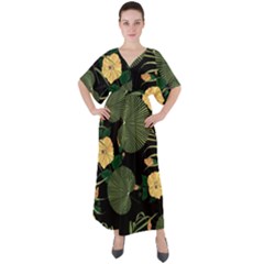 Tropical Vintage Yellow Hibiscus Floral Green Leaves Seamless Pattern Black Background  V-neck Boho Style Maxi Dress by Sobalvarro