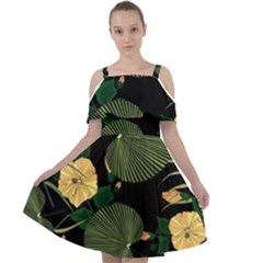 Tropical Vintage Yellow Hibiscus Floral Green Leaves Seamless Pattern Black Background  Cut Out Shoulders Chiffon Dress by Sobalvarro