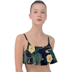 Tropical Vintage Yellow Hibiscus Floral Green Leaves Seamless Pattern Black Background  Frill Bikini Top by Sobalvarro