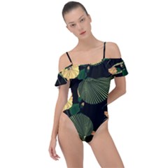 Tropical Vintage Yellow Hibiscus Floral Green Leaves Seamless Pattern Black Background  Frill Detail One Piece Swimsuit by Sobalvarro