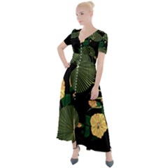 Tropical Vintage Yellow Hibiscus Floral Green Leaves Seamless Pattern Black Background  Button Up Short Sleeve Maxi Dress by Sobalvarro
