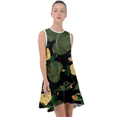 Tropical Vintage Yellow Hibiscus Floral Green Leaves Seamless Pattern Black Background  Frill Swing Dress by Sobalvarro