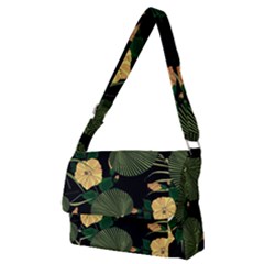 Tropical Vintage Yellow Hibiscus Floral Green Leaves Seamless Pattern Black Background  Full Print Messenger Bag (m) by Sobalvarro