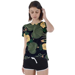 Tropical Vintage Yellow Hibiscus Floral Green Leaves Seamless Pattern Black Background  Short Sleeve Foldover Tee by Sobalvarro