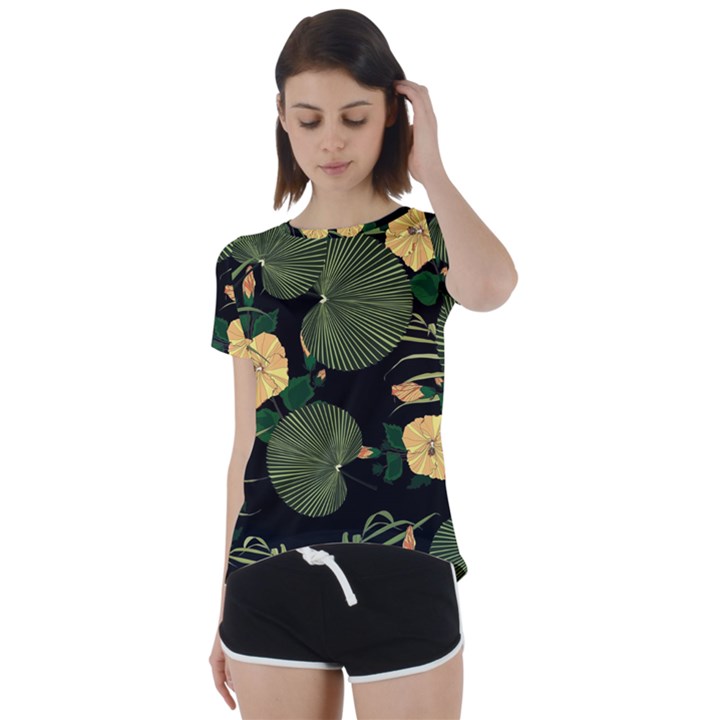Tropical vintage yellow hibiscus floral green leaves seamless pattern black background. Short Sleeve Foldover Tee