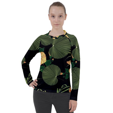 Tropical Vintage Yellow Hibiscus Floral Green Leaves Seamless Pattern Black Background  Women s Pique Long Sleeve Tee by Sobalvarro