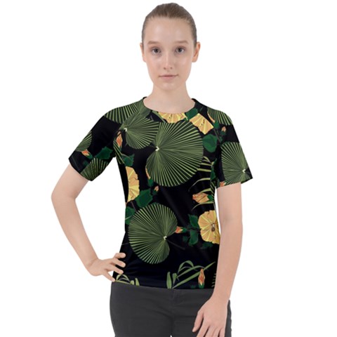Tropical Vintage Yellow Hibiscus Floral Green Leaves Seamless Pattern Black Background  Women s Sport Raglan Tee by Sobalvarro