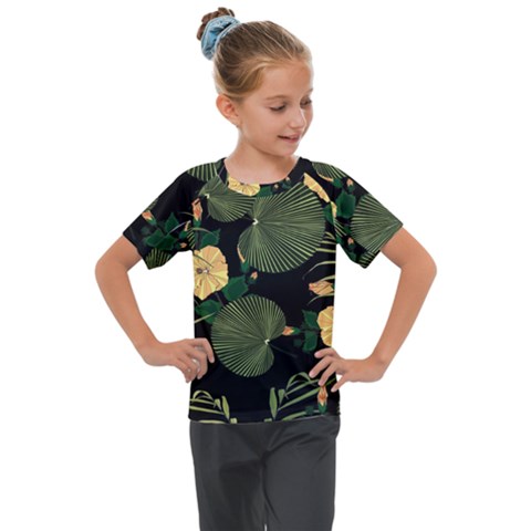 Tropical Vintage Yellow Hibiscus Floral Green Leaves Seamless Pattern Black Background  Kids  Mesh Piece Tee by Sobalvarro