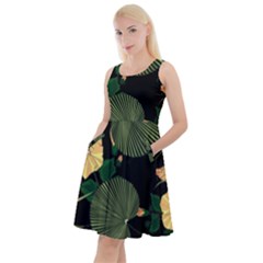 Tropical Vintage Yellow Hibiscus Floral Green Leaves Seamless Pattern Black Background  Knee Length Skater Dress With Pockets by Sobalvarro