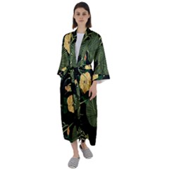 Tropical Vintage Yellow Hibiscus Floral Green Leaves Seamless Pattern Black Background  Maxi Satin Kimono by Sobalvarro