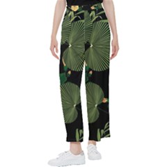 Tropical Vintage Yellow Hibiscus Floral Green Leaves Seamless Pattern Black Background  Women s Pants  by Sobalvarro