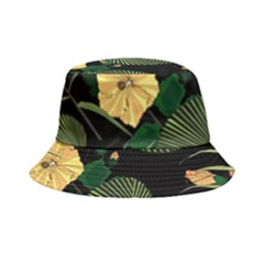 Tropical Vintage Yellow Hibiscus Floral Green Leaves Seamless Pattern Black Background  Bucket Hat by Sobalvarro