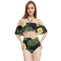 Tropical Vintage Yellow Hibiscus Floral Green Leaves Seamless Pattern Black Background  Halter Flowy Bikini Set  by Sobalvarro