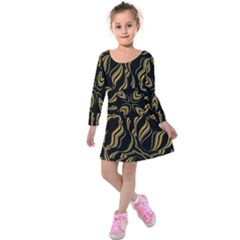 Black And Orange Geometric Design Kids  Long Sleeve Velvet Dress by dflcprintsclothing