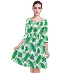 Tropical Leaf Pattern Quarter Sleeve Waist Band Dress