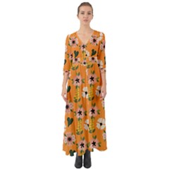 Flower Orange Pattern Floral Button Up Boho Maxi Dress