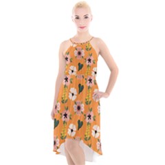 Flower Orange Pattern Floral High-low Halter Chiffon Dress 