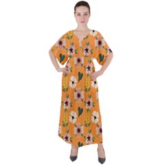 Flower Orange Pattern Floral V-neck Boho Style Maxi Dress
