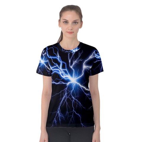 Blue Electric Thunder Storm, Colorful Lightning Graphic Women s Cotton Tee by picsaspassion