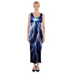 Blue Lightning At Night, Modern Graphic Art  Fitted Maxi Dress by picsaspassion