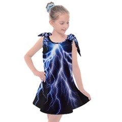 Blue Lightning At Night, Modern Graphic Art  Kids  Tie Up Tunic Dress by picsaspassion