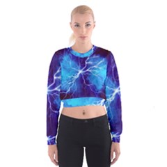 Blue Thunder Lightning At Night, Graphic Art Cropped Sweatshirt by picsaspassion