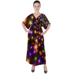 Star Colorful Christmas Abstract V-neck Boho Style Maxi Dress by Dutashop
