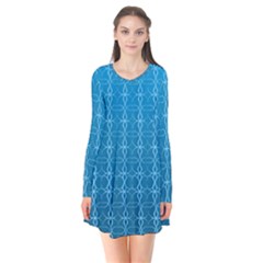 Background Texture Pattern Blue Long Sleeve V-neck Flare Dress