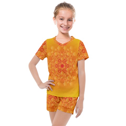 Fractal Yellow Orange Kids  Mesh Tee And Shorts Set by Dutashop