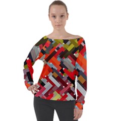 Maze Abstract Texture Rainbow Off Shoulder Long Sleeve Velour Top