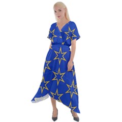 Star Pattern Blue Gold Cross Front Sharkbite Hem Maxi Dress by Dutashop