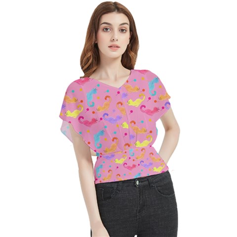 Watercolor Cats Pattern Butterfly Chiffon Blouse by ExtraGoodSauce