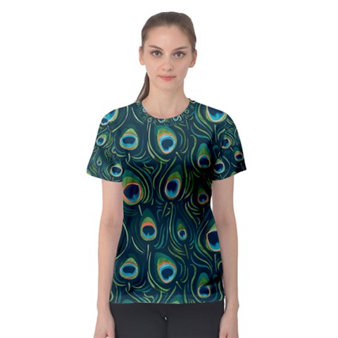 Watercolor Peacock Feather Pattern Women s Sport Mesh Tee by ExtraGoodSauce