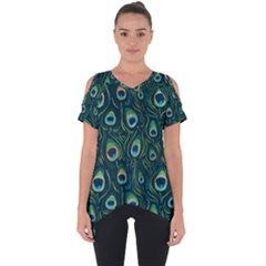 Watercolor Peacock Feather Pattern Cut Out Side Drop Tee by ExtraGoodSauce