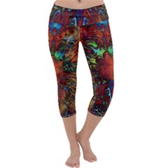 Boho Hippie Trippy Floral Pattern Capri Yoga Leggings by CrypticFragmentsDesign