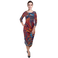 Phoenix Rising Colorful Abstract Art Quarter Sleeve Midi Velour Bodycon Dress by CrypticFragmentsDesign