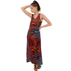 Phoenix Rising Colorful Abstract Art V-neck Chiffon Maxi Dress by CrypticFragmentsDesign