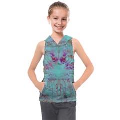 Retro Hippie Abstract Floral Blue Violet Kids  Sleeveless Hoodie by CrypticFragmentsDesign