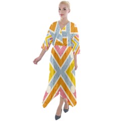 Line Pattern Cross Print Repeat Quarter Sleeve Wrap Front Maxi Dress